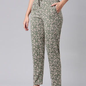 Women Printed Green Cotton Knit Lounge Pants