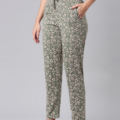 Women Printed Green Cotton Knit Lounge Pants