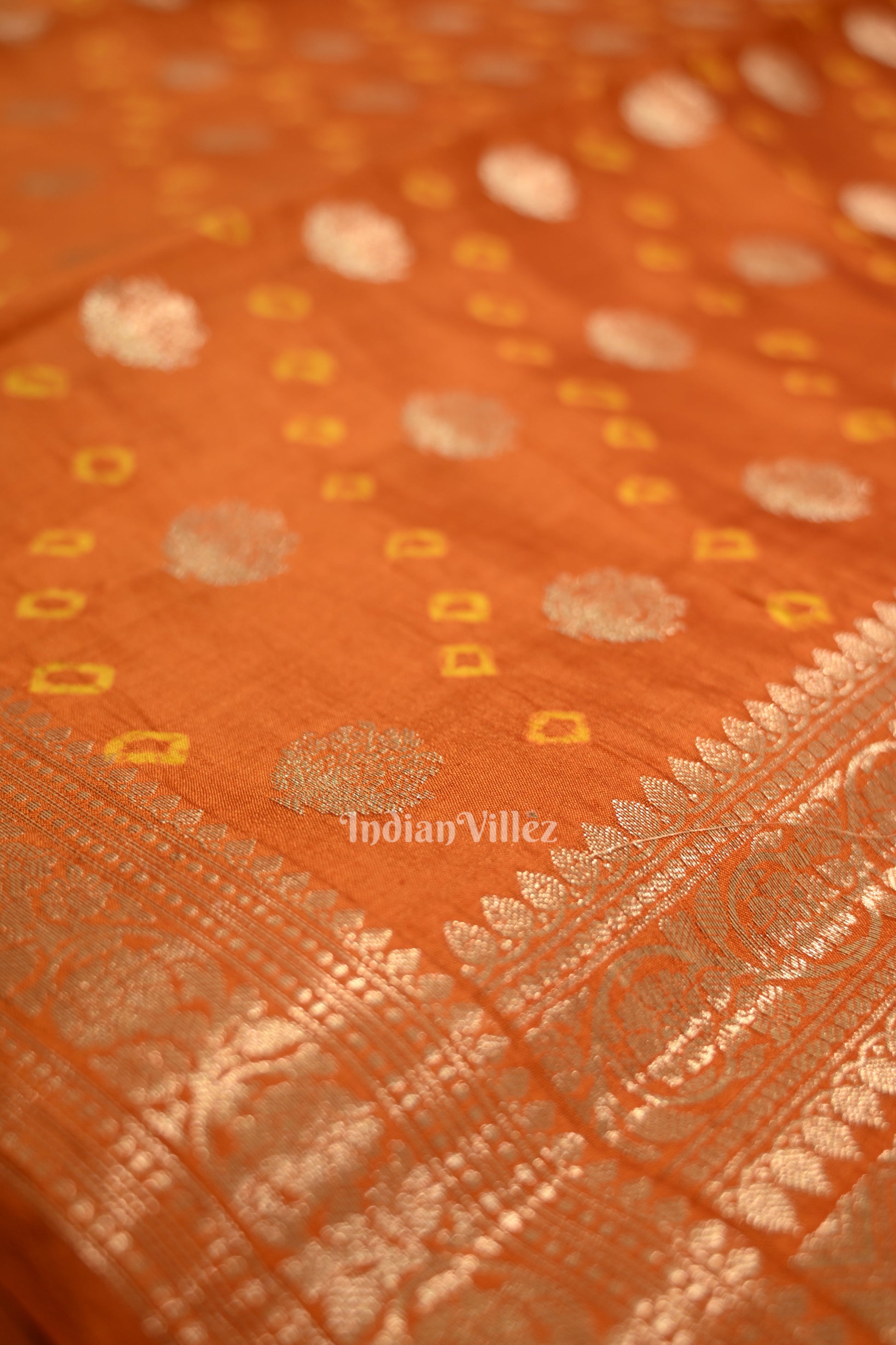 Orange Bandhini Work Pure Chiniya Silk Banarasi Saree