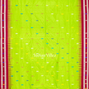 Parrot Green Temple Theme  Sambalpuri Ikat Bomkai Silk Saree