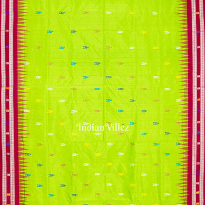 Parrot Green Temple Theme  Sambalpuri Ikat Bomkai Silk Saree