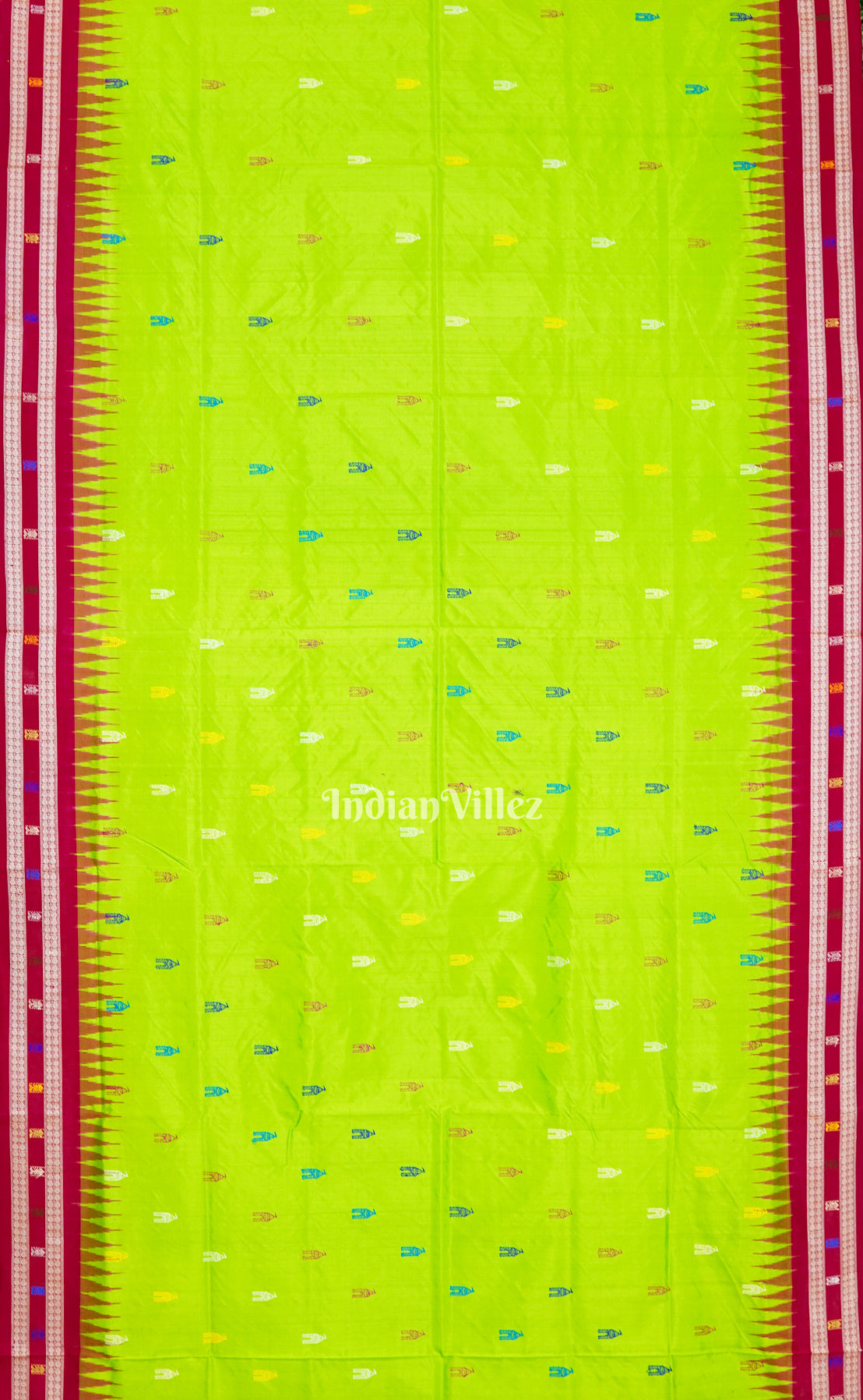 Parrot Green Temple Theme  Sambalpuri Ikat Bomkai Silk Saree