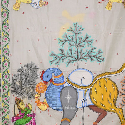 White Arjuna Bows to Navagunjara Hand-Painted Pattachitra Saree