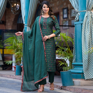 Bottle Green Floral Kantha Work Embroidered Chanderi Silk Salwar Suit