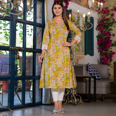 Dark Lemon Green Floral Printed Giza Cotton Maxi Dress