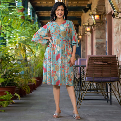 green-floral-foil-printed-chiffon-a-line-dress