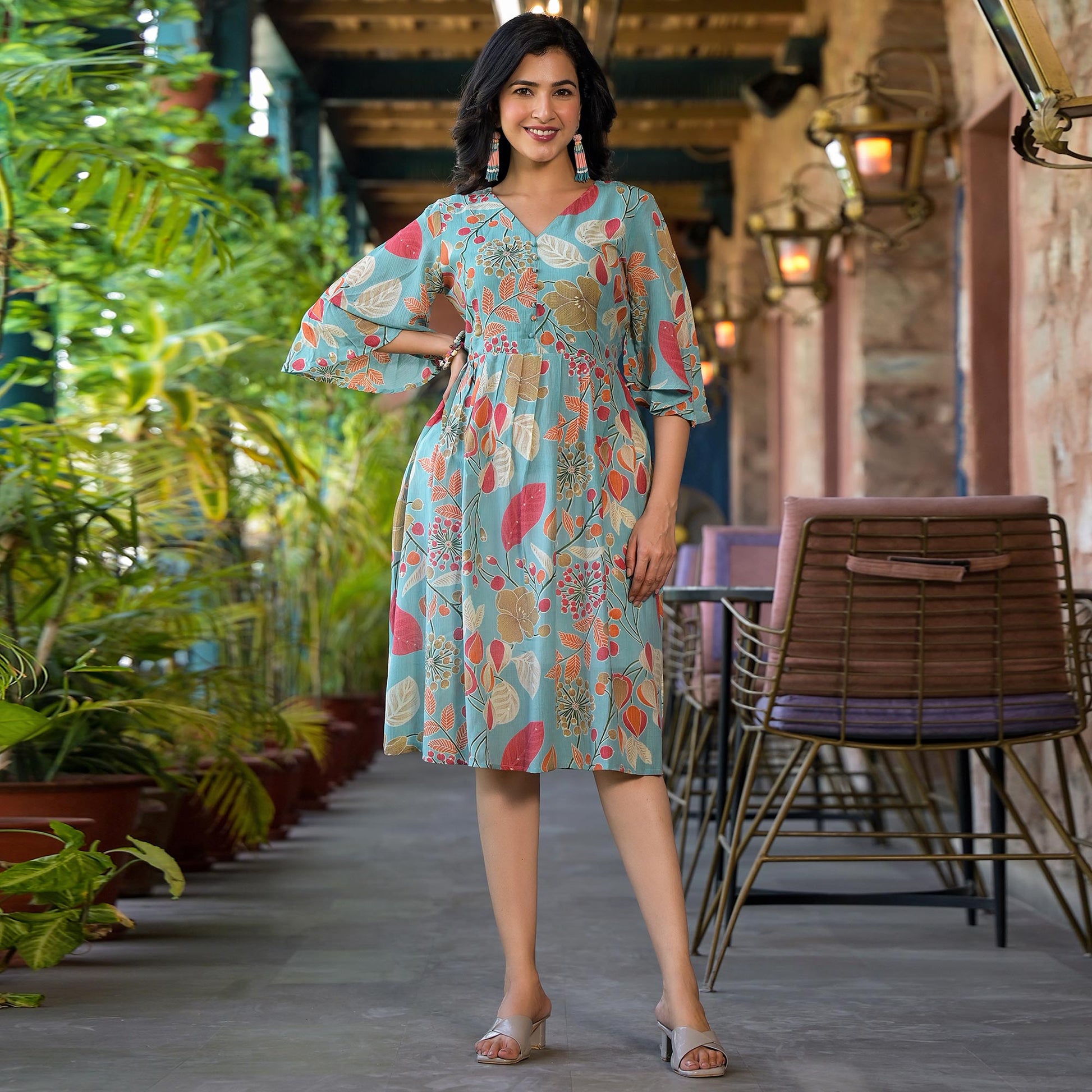 green-floral-foil-printed-chiffon-a-line-dress