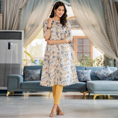 Cream & Blue Floral Printed Pure Cotton Shifley Dress