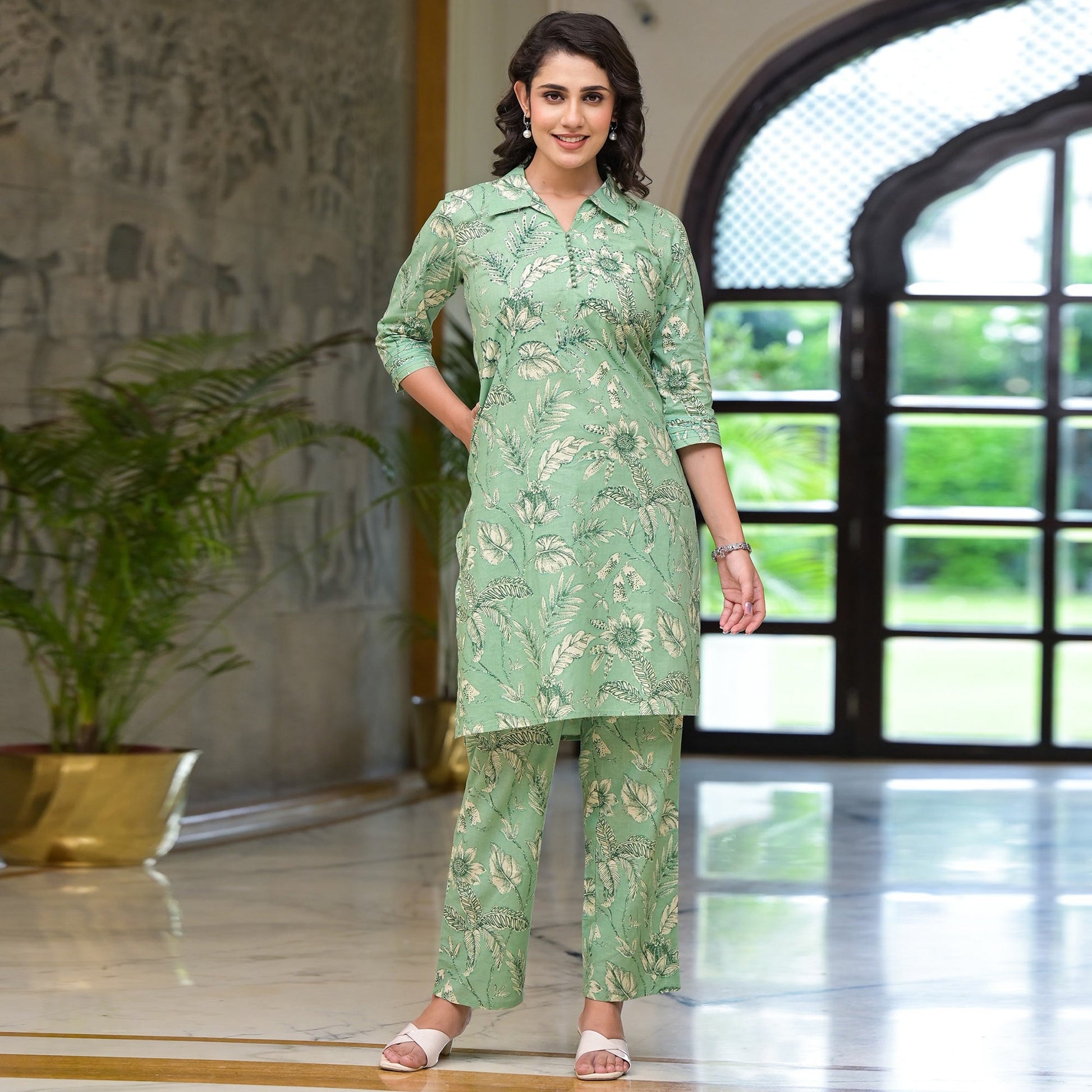 green-floral-printed-pure-cotton-co-ord-set