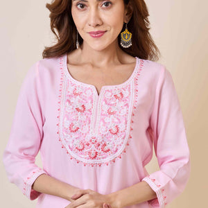 Light Pink Yoke Embroidered Rayon Straight Kurti