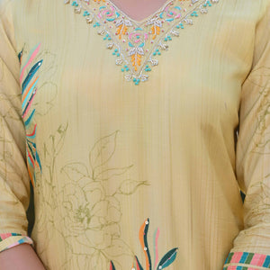 Lime Yellow Sequins Work With Printed Muslin Salwar Suit