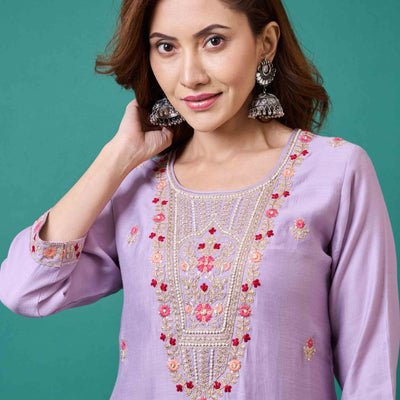 Lavender Handwork Embroidered Viscose Straight Salwar Suit