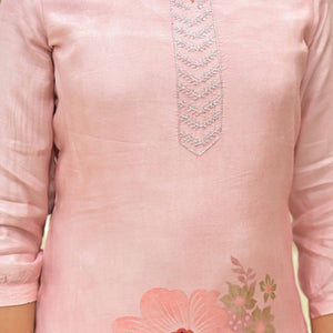 Blush Peach Floral Printed Muslin Straight Salwar Suit With Handwork