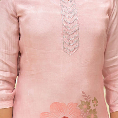 Blush Peach Floral Printed Muslin Straight Salwar Suit With Handwork