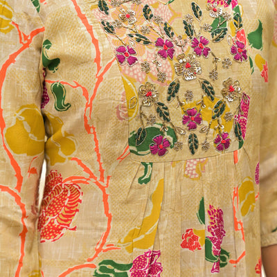 Chikoo Floral Printed Muslin Anarkali Style Salwar Suit With Hand Work