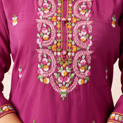 Burgundy Floral Embroidered Chanderi Silk Straight Salwar Suit
