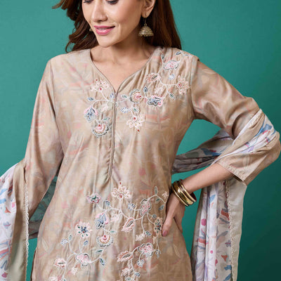 Light Olive Floral Embroidered Chanderi Silk Straight Salwar Suit