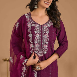 Imperial Purple Floral Embroidered Sequins Work Cotton Silk Straight Salwar Suit