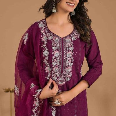 Imperial Purple Floral Embroidered Sequins Work Cotton Silk Straight Salwar Suit