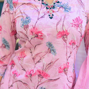Light Pink Floral Printed Thread Work Pure Cotton Straight Salwar Suit