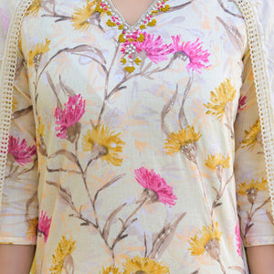 Light Yellow Floral Printed Thread Work Pure Cotton Straight Salwar Suit