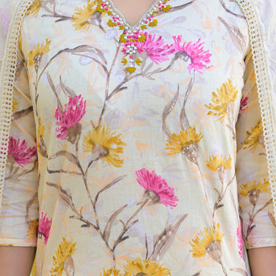 Light Yellow Floral Printed Thread Work Pure Cotton Straight Salwar Suit