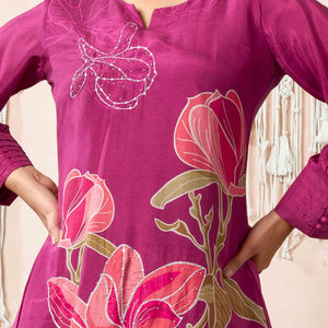 Mulberry Wine Beads Work Digital Printed Muslin Co-Ord Set