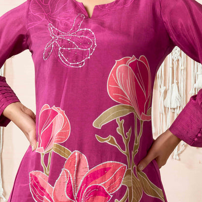 Mulberry Wine Beads Work Digital Printed Muslin Co-Ord Set