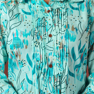 Light Blue Floral Printed Pure Cotton A-Line Kurti