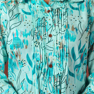 Light Blue Floral Printed Pure Cotton A-Line Kurti