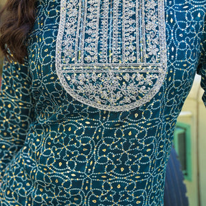 Bottle Green Bandhani Printed Thread Work Rayon Straight Kurti