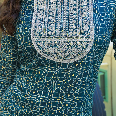 Bottle Green Bandhani Printed Thread Work Rayon Straight Kurti