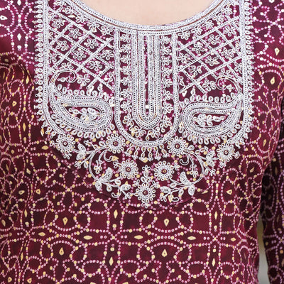 Maroon Bandhani With Embroidered Rayon Straight Kurti