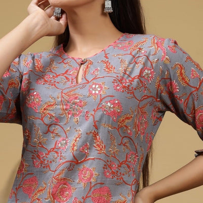 grey-floral-printed-with-gota-work-pure-cotton-kurti-pant-set