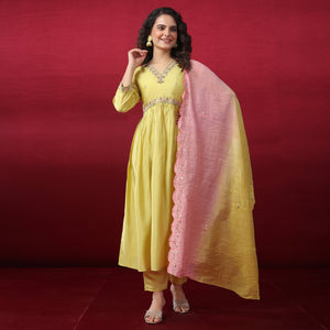 Lemon Green Floral Embroidered Pure Silk Anarkali Suit
