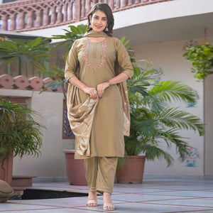Chikoo Embroidered Chinon Salwar Suit With Handwork