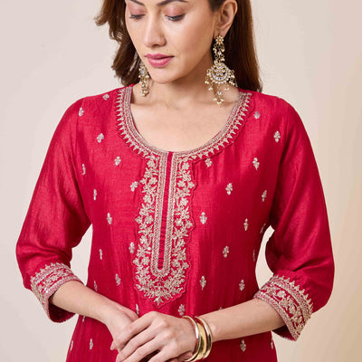Dark Pink Embroidered Vichitra Silk Salwar Suit