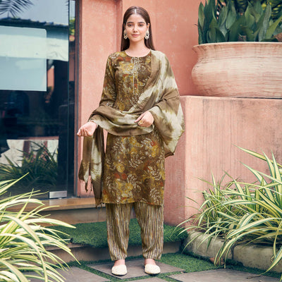 Brown Floral Foil Printed Rayon Suit