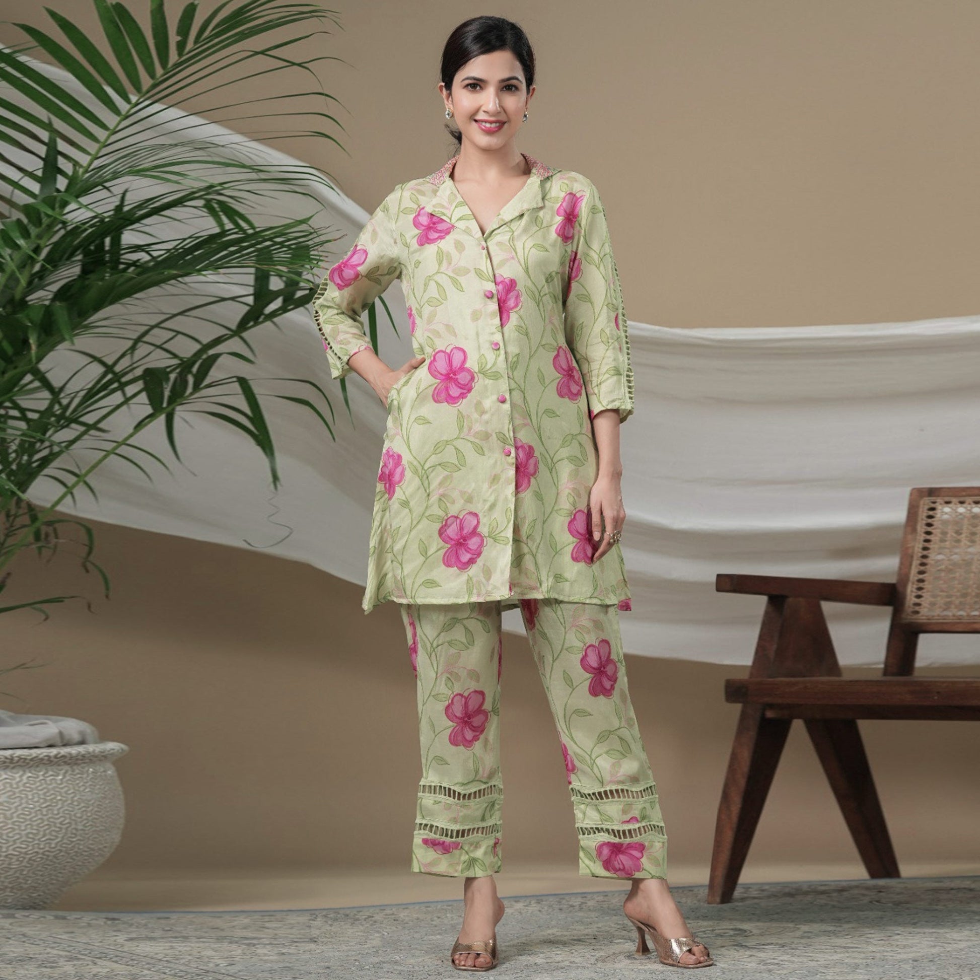 green-floral-printed-muslin-co-ord-set
