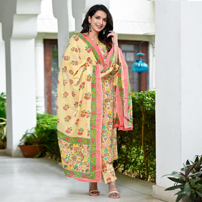 Cream Floral Printed Pure Cotton Salwar Suit