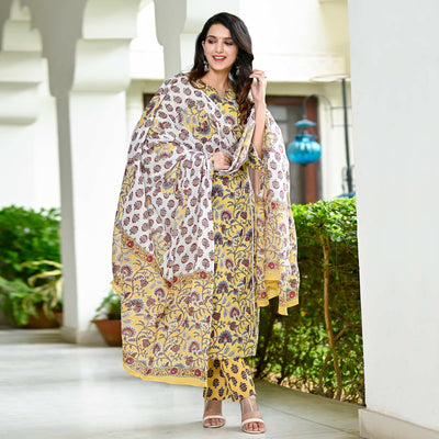 Light Yellow Floral Printed Pure Cotton Salwar Suit