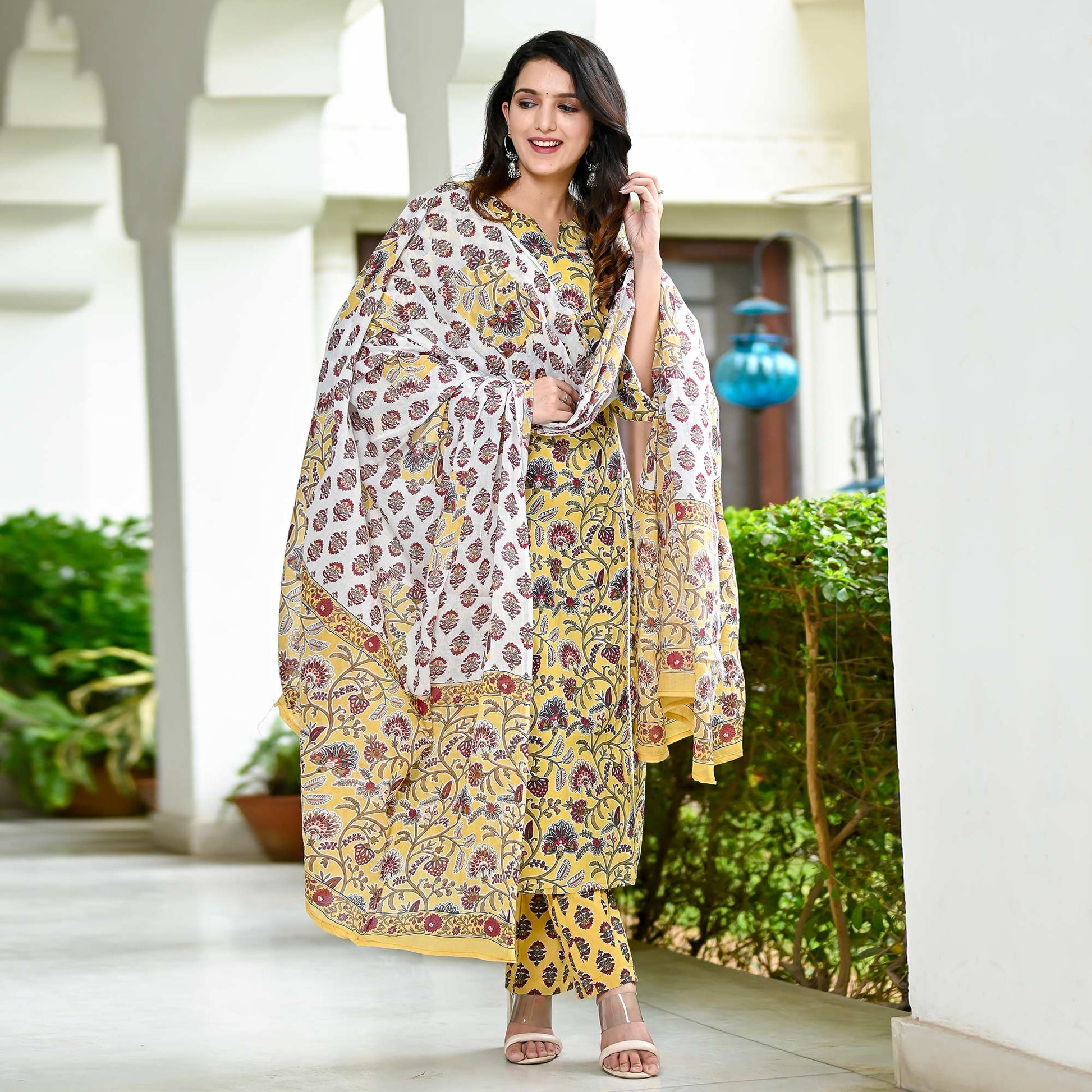 Light Yellow Floral Printed Pure Cotton Salwar Suit