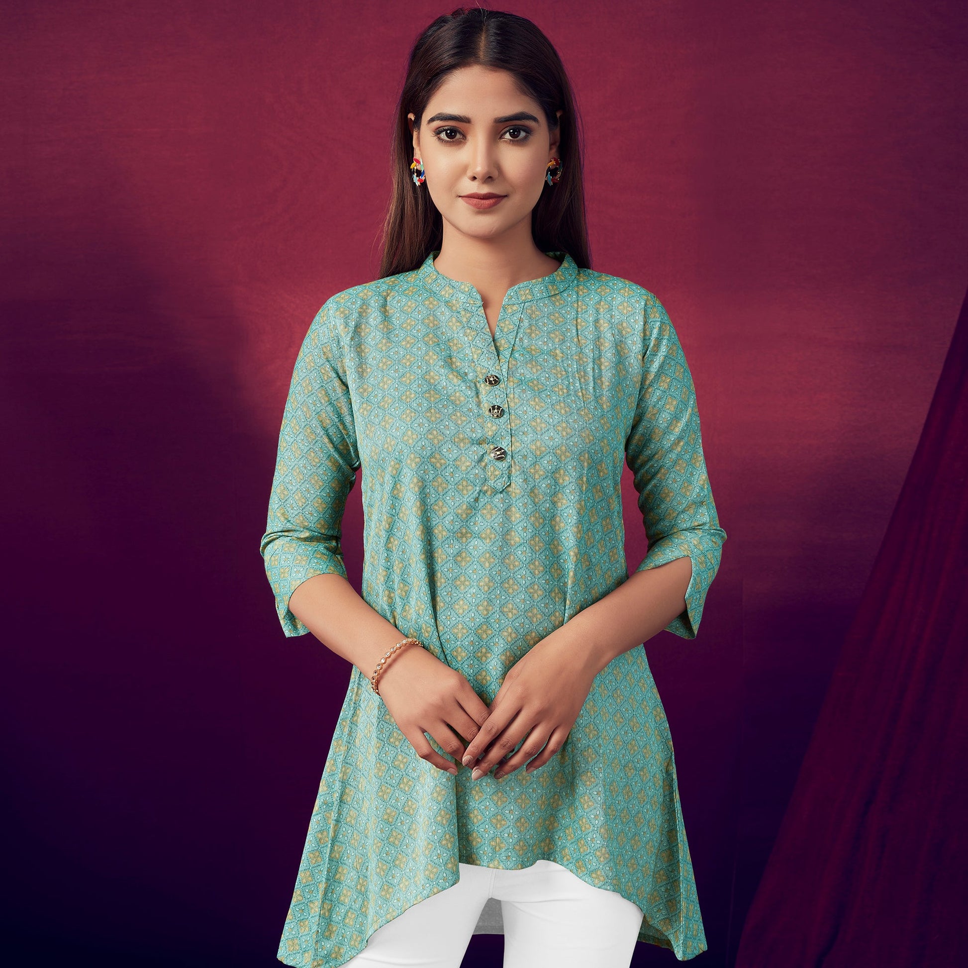 green-printed-rayon-high-low-top