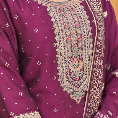Dark Purple Golden Embroidered Vichitra Silk Salwar Suit