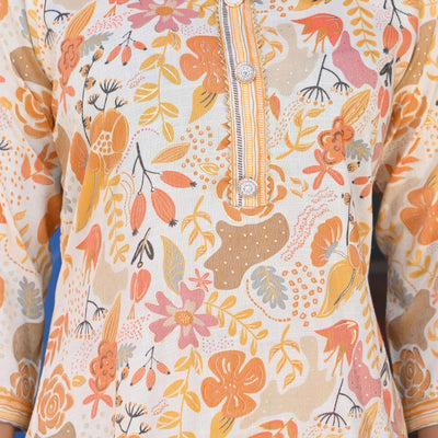 Cream & Yellow Floral Foil Printed Rayon Salwar Suit