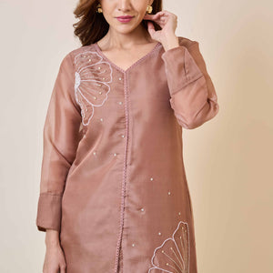 Brown Floral Embroidery Organza Co-Ord Set