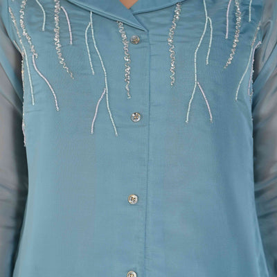Light Blue Beads Work Embroidered Organza Co-Ord Set