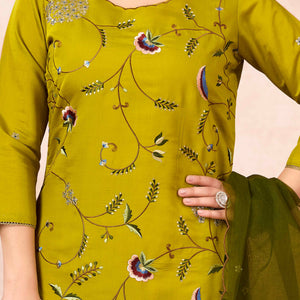 Lime Yellow Floral Embroidered Muslin Straight Salwar Suit