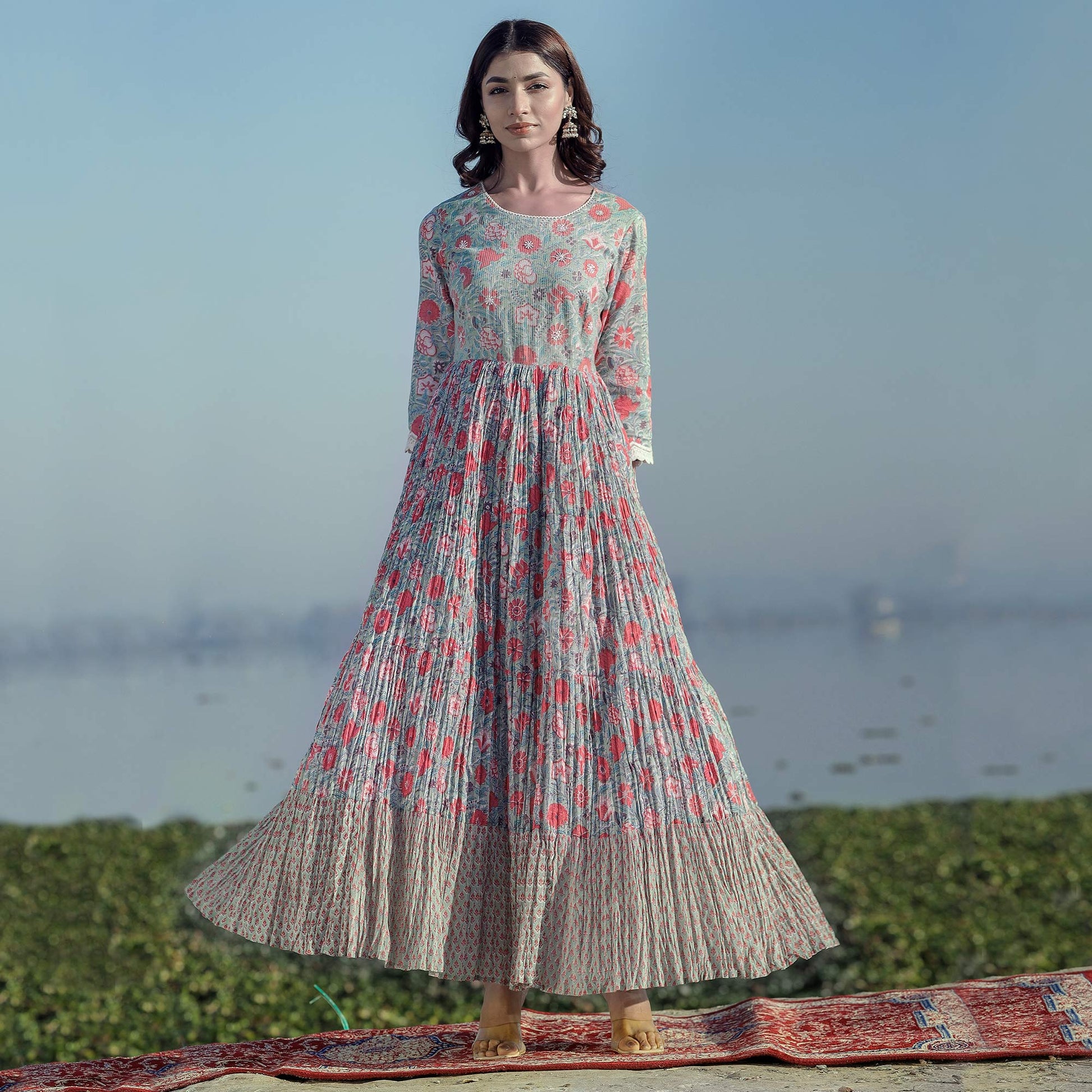 green-floral-printed-pure-cotton-gown