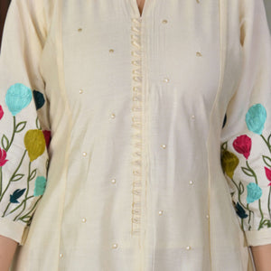 Cream Thread Embroidered Chanderi A-Line Salwar Suit